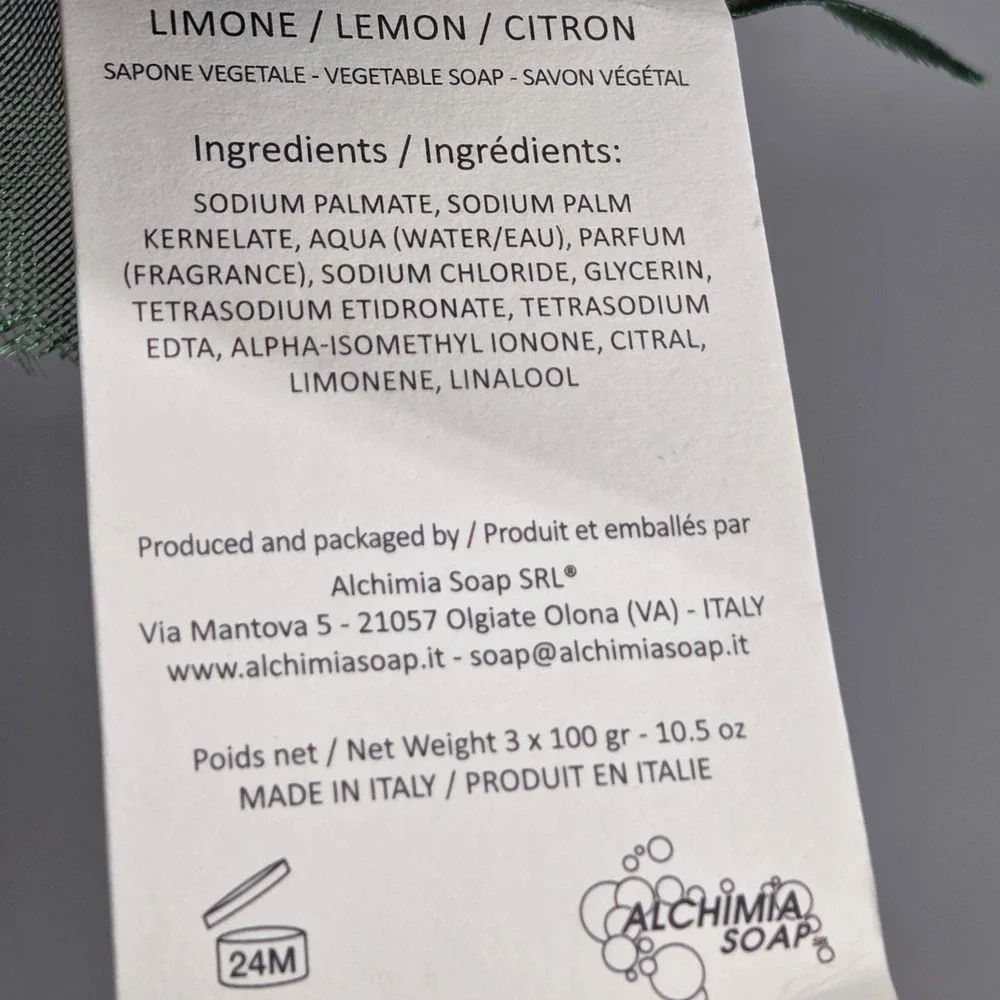 Alchimia Soap Milano Lemon Vegetable Soap Set 3x100g Italy Citrus‎ Luxury Gift